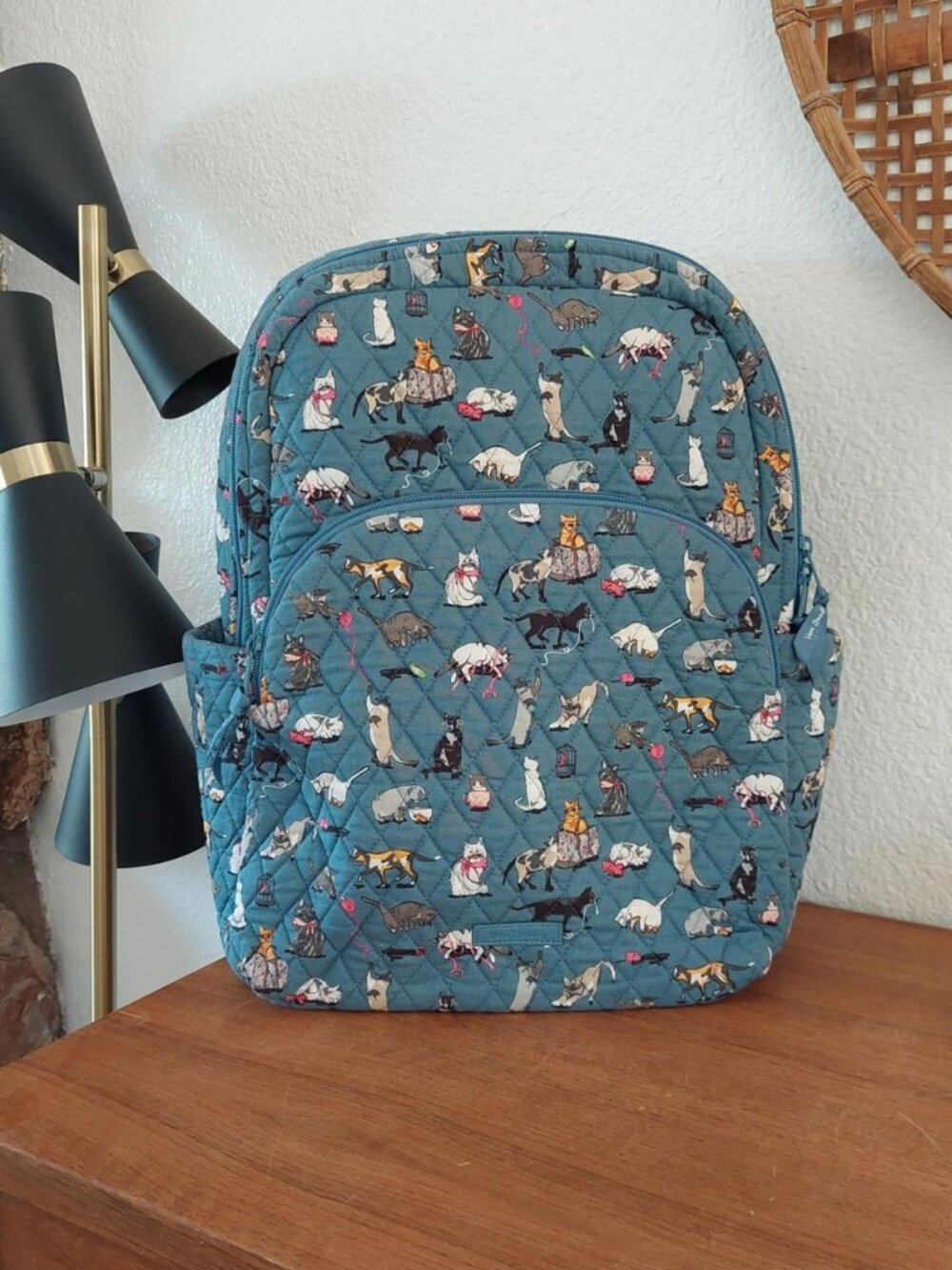 Vera Bradley Essential Large Backpack in Cats Meow Pattern - Blue Quilted Cotto